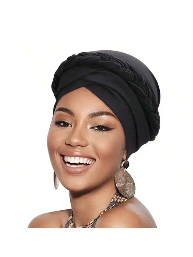 1pc Handmade Women Crochet Braided Turban Hat, African Style Head Wrap Cap, Suitable For Daily Use Hair Protection, Boho Style Solid Color Turban Hat