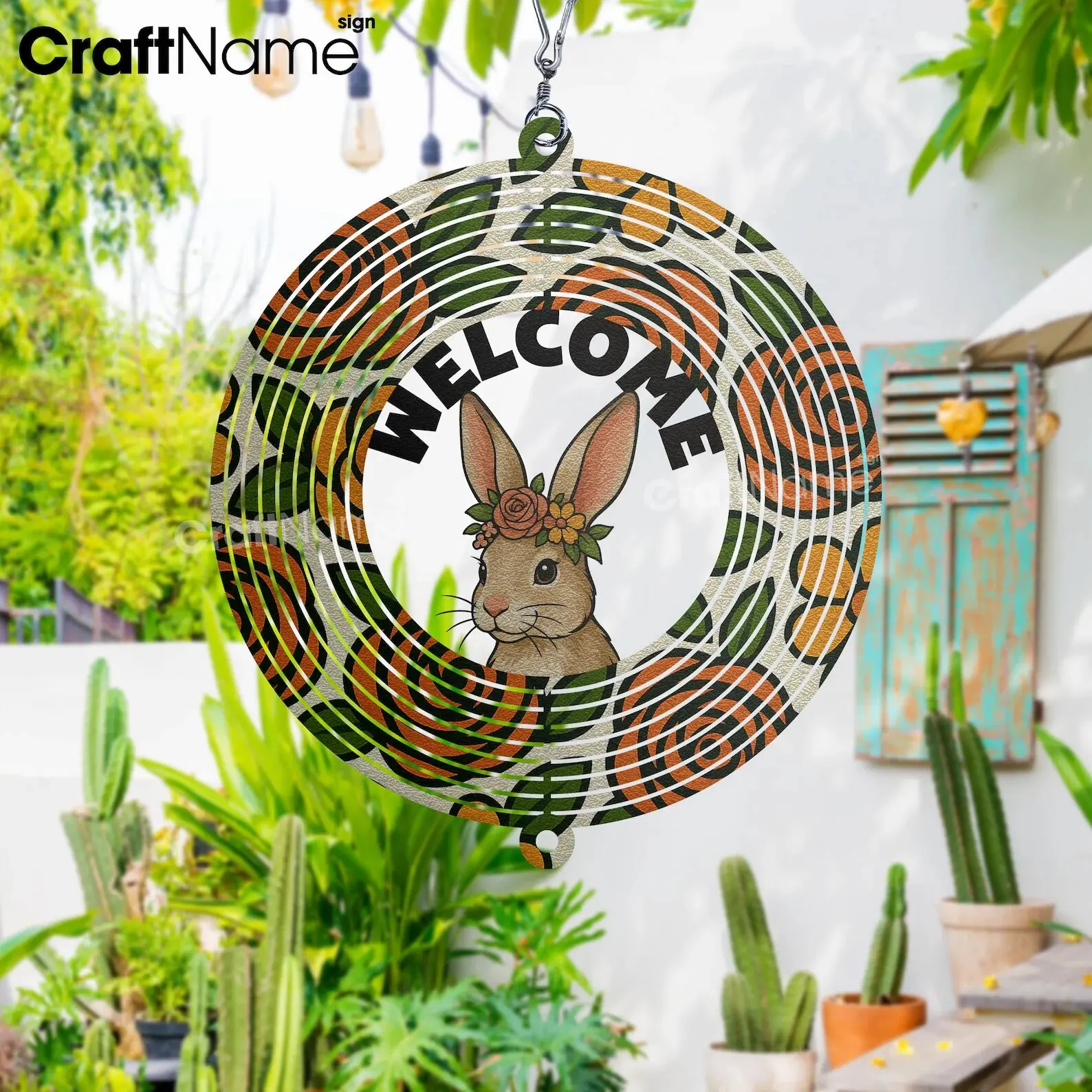 CraftNameSign Rabbit Metal Wind Spinner Welcome Sign, Floral Bunny Hanging Decor, Spring Garden Spinner, Outdoor Porch Ornament, Farmhouse Easter Decoration