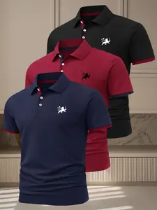 Men's Casual Short Sleeve Polo Shirt Set, British Style Summer Golf & Outdoor Sports Wear, Athletic Sports Clothing, Fitted Polyester Fabric, 3-Piece