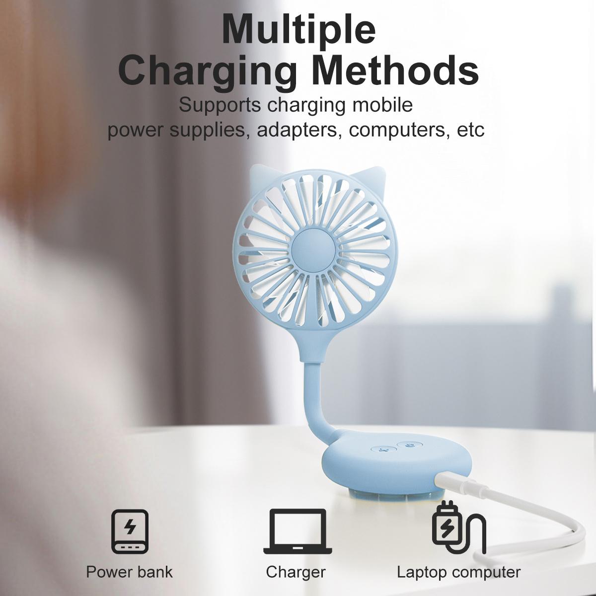 Cat Ear Mini Fan with Suction Cup Base, 3 Speed USB Rechargeable Portable Desktop Fan, Flexible Neck Adjustable Small Cooling Fan for Home, Office, Outdoor Travel, Cute Gift for Women Kids