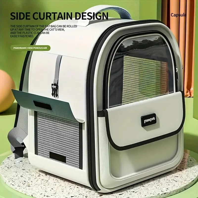 Large-Capacity Breathable Cat Backpack Carrier with Durable PVC, Side Opening and Zip Closure for Outdoor Travel