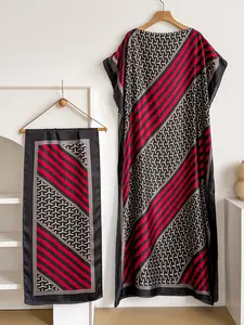 Elegant Long Robe Set with Multicolor Geometric Print Shawl, Moomoo Dress + Headscarf Scarf, Women's Beach Sun Protection Satin Silk