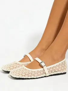 New Fashion Woven Mesh Square Toe Buckle Flat Sandals Mary Jane Shoes Women, Hollow Out Knit, Retro Style, Casual Daily Wear