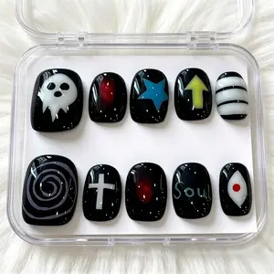 10pcs Short Square Press on nails, Unisex Y2K Star Arrow Gothic Pattern, Glossy Finish, Perfect for Halloween Party Dating Vacation False Nails Reusable Easy to Wear for Parties, Daily & Dancing, Nail Kit, Nail Art Tool Spring Nails Summer Nails