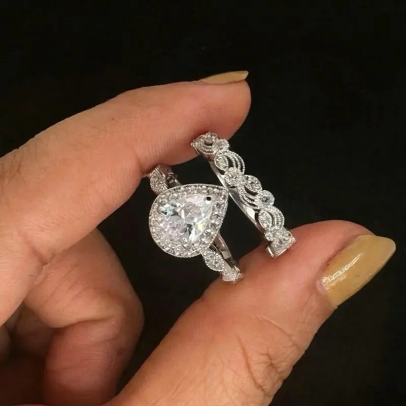 Female S925 Sterling Silver 2-Piece Set, Luxurious Teardrop Full-Zircon Ring for Wedding & Proposal, Two Piece Set