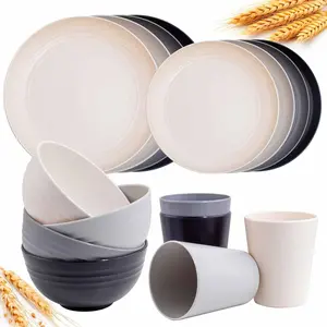 Wheat Straw Dinnerware Sets, Plastic Dinnerware Set for 4, Wheat Straw Plates and Bowls Sets, Unbreakable Dinnerware Plastic Microwave Safe Dishes Set for