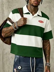 Summer Men's Casual Polo Shirt, Patchwork Color Block Stripes with Print Design, Retro Style Men's T-Shirt, Fitted Fit