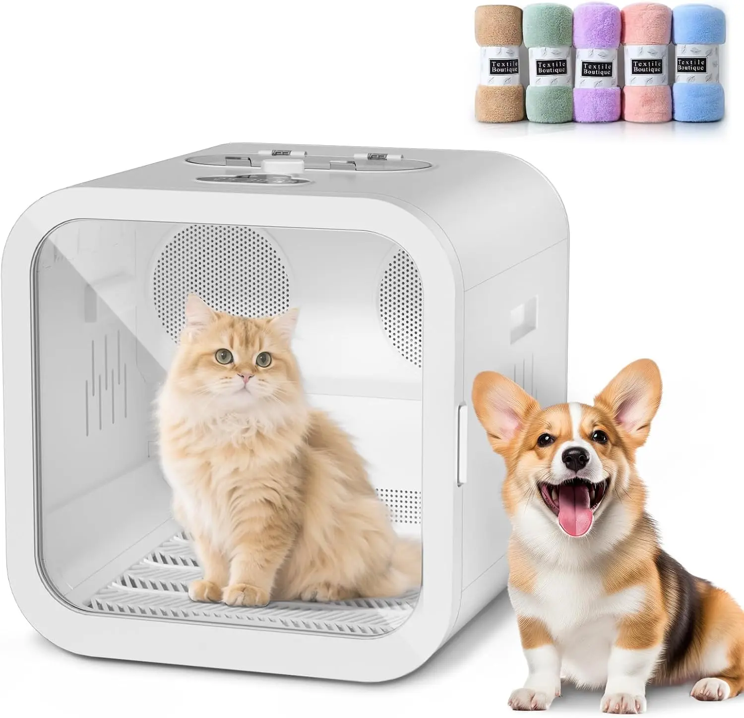 Automatic Pet Hair Dryer Box, 70L Dual-Motor Blower for Cats & Small Dogs, 360° Drying, Temperature Control, 4 Adjustable Speeds, 5 Drying Modes, 5 Towels, White