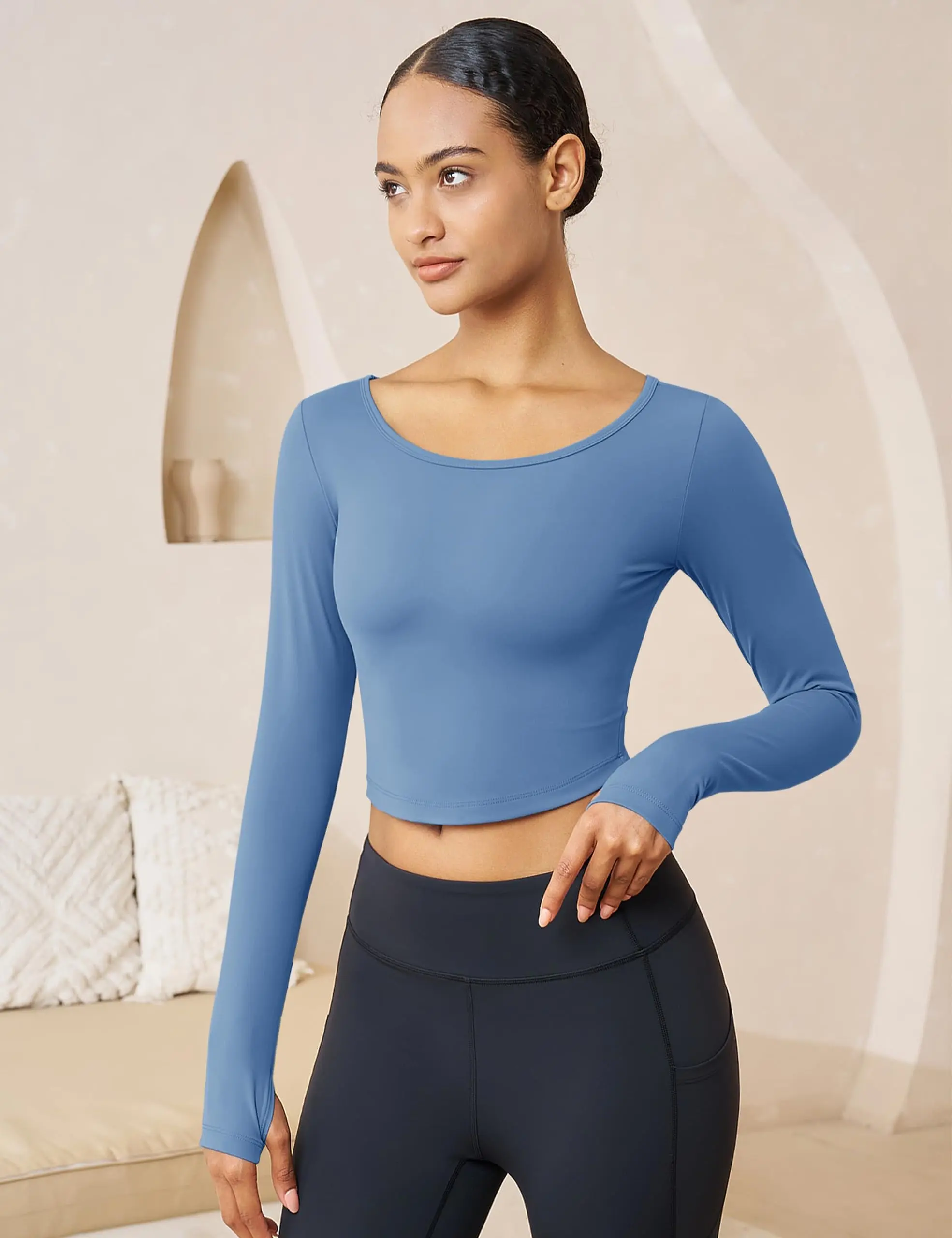 Cotrasen Women's Long Sleeve Crop Workout Tops Yoga Slim Fit Athletic Cropped Shirts Running Gym Exercise Pilates Dance Clothes