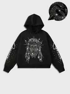 Men's Casual Drawstring Hoodie with Rhinestone Jesus Print, Comfortable and Durable, Regular Fit, Stylish Relaxed Style