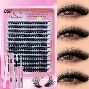 80P Cat eye 3D Effect Fashion DIY False Eyelashes Set, Eyelash Extensions, With Lash Bond & Seal & Tweezers, Volume Thick Lashes, 8-16mm D Curl Mixed Length, Synthetic Fiber, Lash extension Kit for Everyday Use