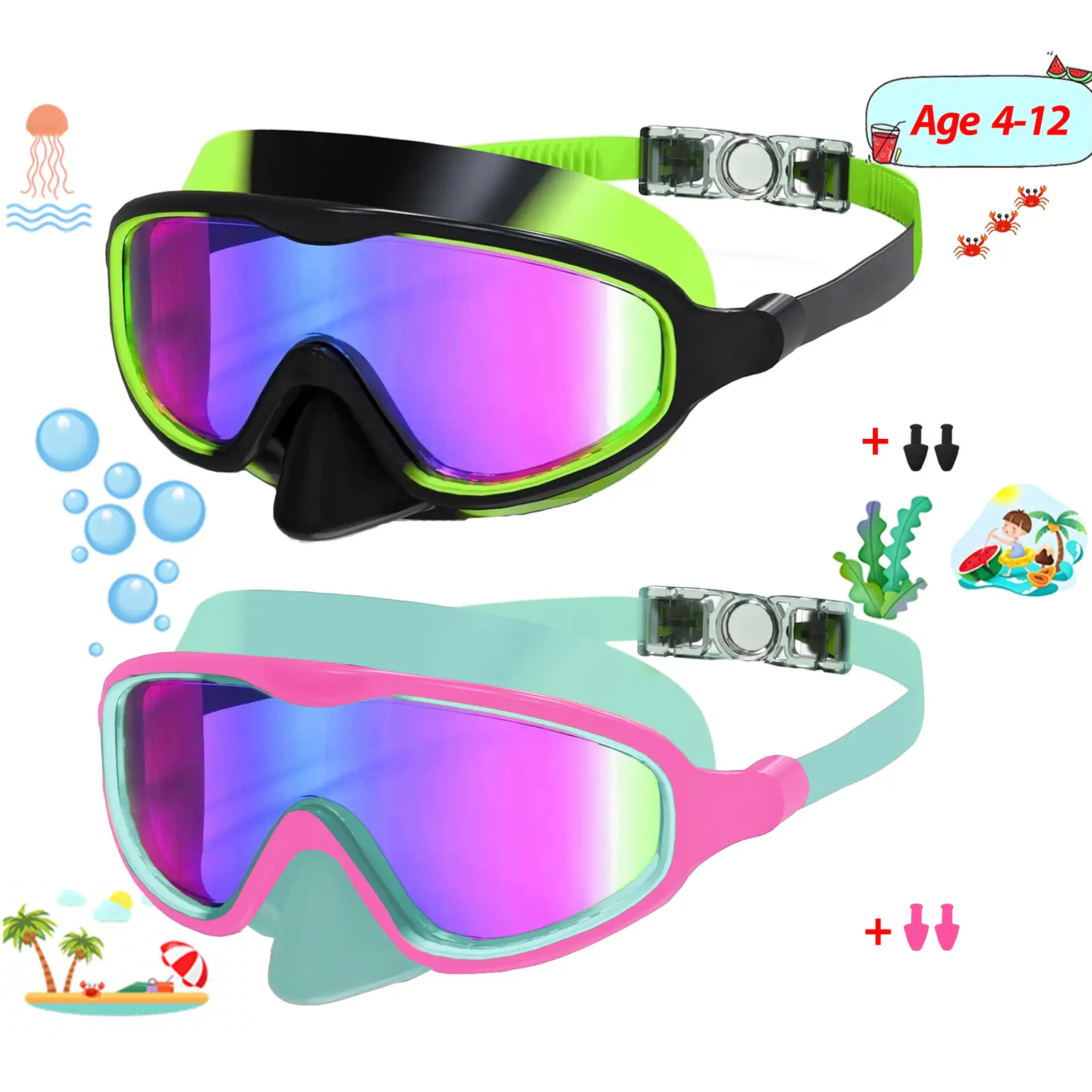 Kids Swimming Goggles 1 Pack Antifog AntiUV Wide View Kids Swimming Goggles 415 years old