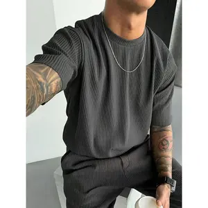 Men's Summer Texture Fashion Solid Color Casual Crew Neck Short Sleeve T-Shirt, Fitted Style, Moderate Fabric Thickness, Perfect for Daily Wear