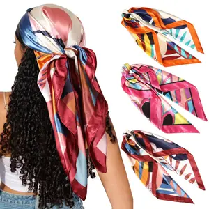 AWAYTR 35” Large Square Elegant Head Scarf Hair Scarves Fashionable Bandana Scarf Headscarf Silk Feeling Scarf for Women 3Pcs/Set Kerchief