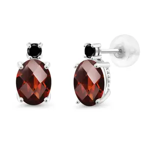Gem Stone King 14K White Gold Gemstone Birthstone and Black Diamond Stud Earrings For Women | Oval 8X6MM | Round 2.5MM | Elegant Two-Stone Design | Classic Fine Jewelry Earrings