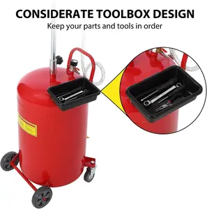 20 Gal Air-Operated Waste Oil Drain Tank, Wheeled Mobility Portable Oil Drain Container with Adjustable Funnel Height, 15-in Premium Bowl, Toolbox for Automotive & Motorcycle Fluid Fuel Transfer Drainage