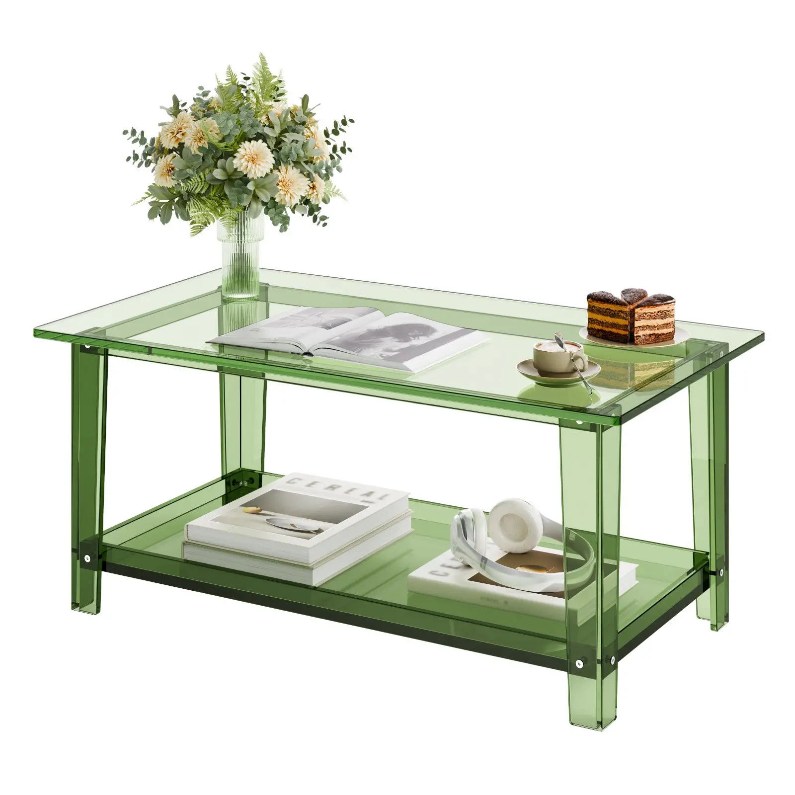 VEVOR Acrylic Coffee Table, 2 Tiers Center Table with Storage Shelf, Modern Rectangle Acrylic Coffee Desk, Ideal for Dining Room, Kitchen Island, Restaurant, Office, 19.7 x 31.5 x 15.7 in (Green)Summervibes
