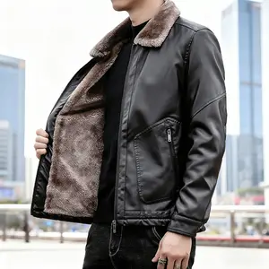 Men's Lightweight Business Leather Jacket Winter Warm Fleece Lined Thick Windproof Fur Collar Biker Jacket