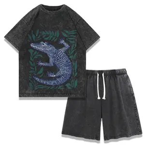 Alligator Crocodile Graphic 2 Piece Set, Men's Retro Print Short Sleeve T-Shirt & Drawstring Shorts Summer Streetwear