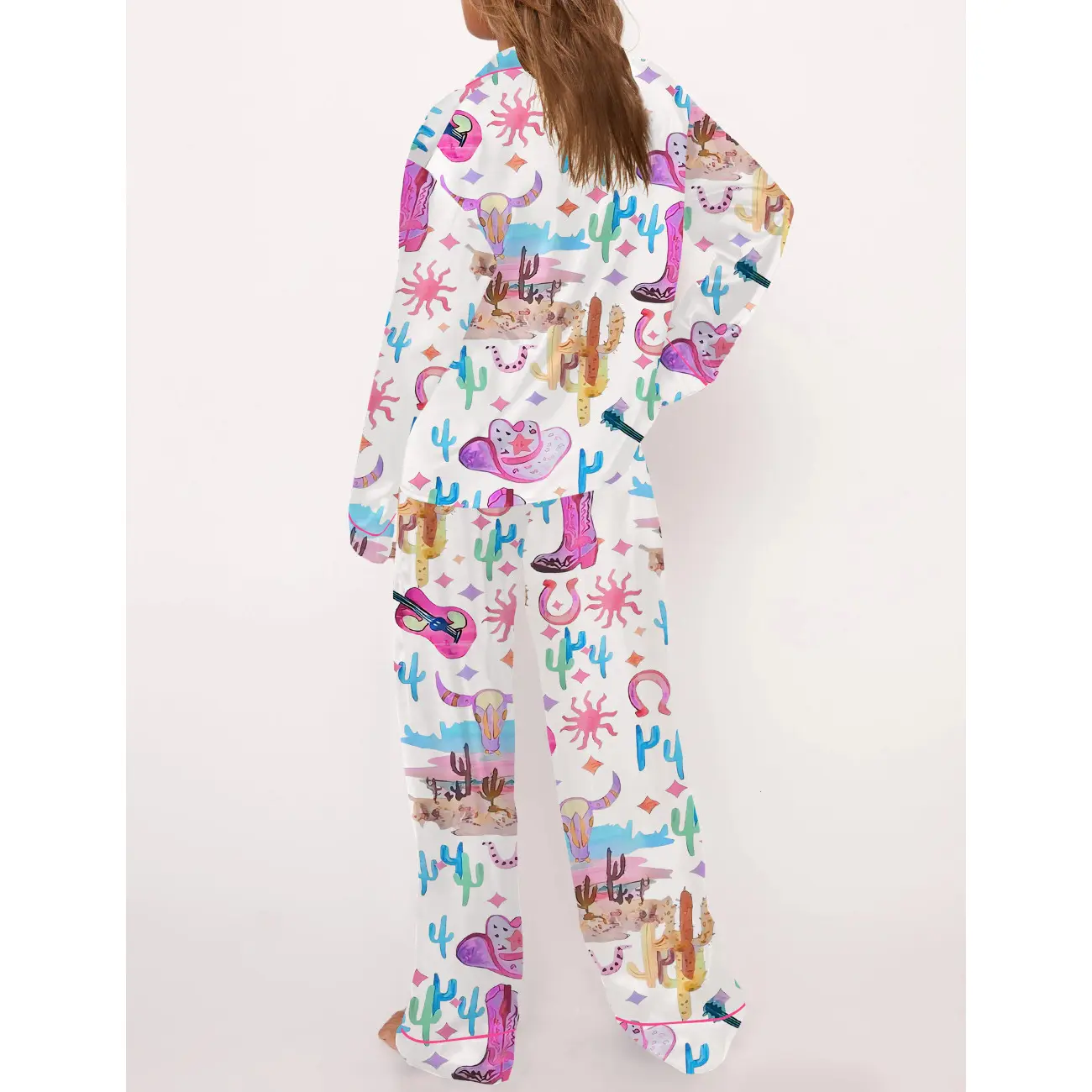 Colorful Cowgirl Cotton Pajama Set for Women - Playful and Cozy Sleepwear for Western Enthusiasts, Perfect for Rodeo Viewing Parties, Country Music Nights, or Relaxed Desert Mornings