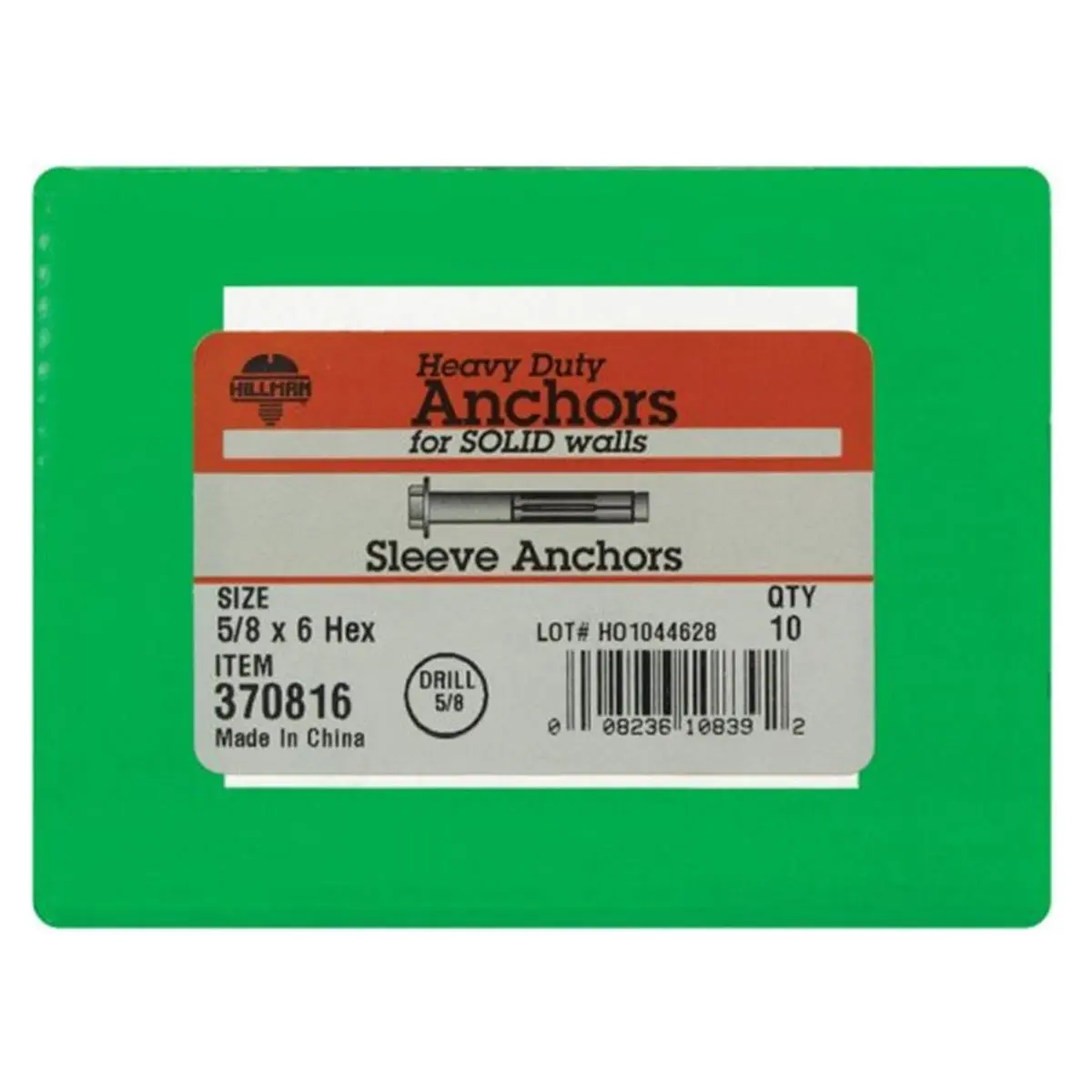 Hillman 212 MAIN Heavy Duty Steel Expansion Sleeve Anchor, 5/8" X 6" in., Ribbed Grip, 3.3" h, 4.4" w, 6.9" l, Box of 10, for Concrete, Brick, Stone Installation