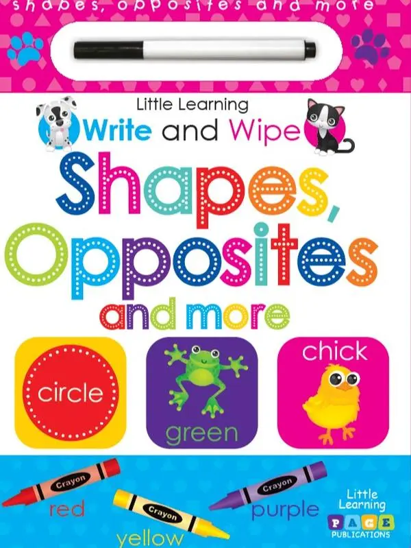 Children's Interactive Laminated Wipe-Clean Activity Book - 16-Page Visual Learning Tool, Write & Wipe Shapes, Opposites, Learning Materials, Teaching Supplies