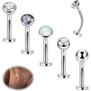 5 count 316L Stainless Steel Floating Belly Button Rings for Women 14G Petite Flat Back CZ Belly Rings Hypoallergenic Small Opal Internally Threaded Navel Piercing Jewelry 6-16MM