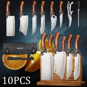 10PCS Handmade Utility Knife Multipurpose Kitchen Knives Forged Stainless Steel Sharp Boning Knife Meat Cleaver Vegetable