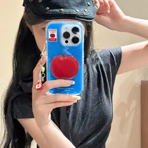 Crystal transparent white light blue background 3D apple label Protective phone case with chain for iPhone 11 12 13 14 15 16 pro max