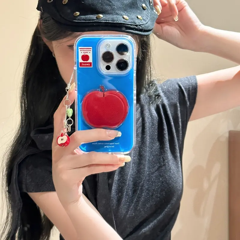 Crystal transparent white light blue background 3D apple label Protective phone case Cover with chain Accessories for iPhone 11 12 13 14 15 16 pro max
