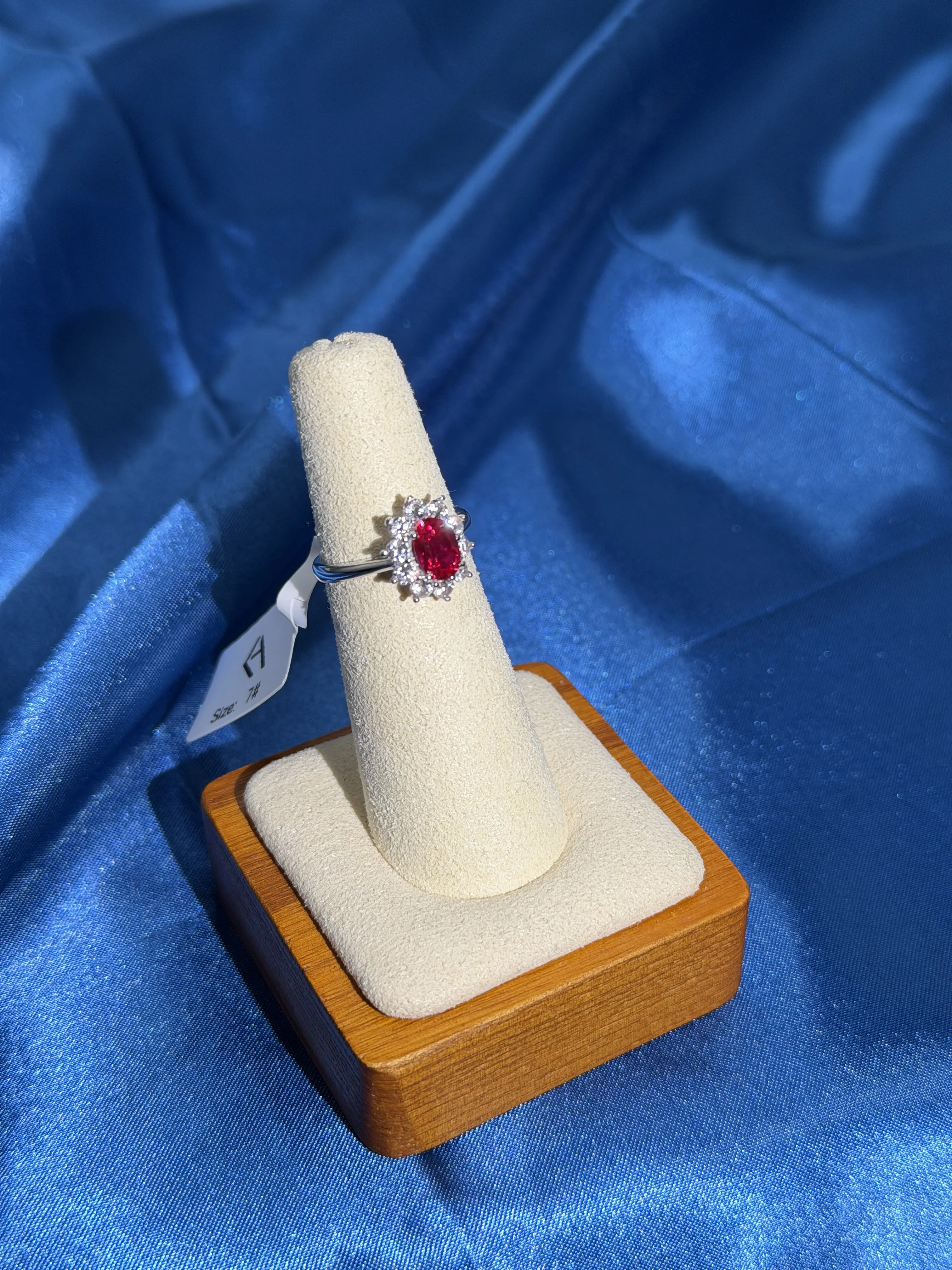 Certified Ruby Oval Floral Halo Cluster Statement Ring, Lab Grown, Sterling Silver, GW 3.345g, Adjustable Size