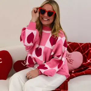 Pink Love Heart Checkered Valentine Crew Neck Sweater - Casual Fit Women's Sweatshirt with Fine Quality and Flattering Fit for Daily Wear