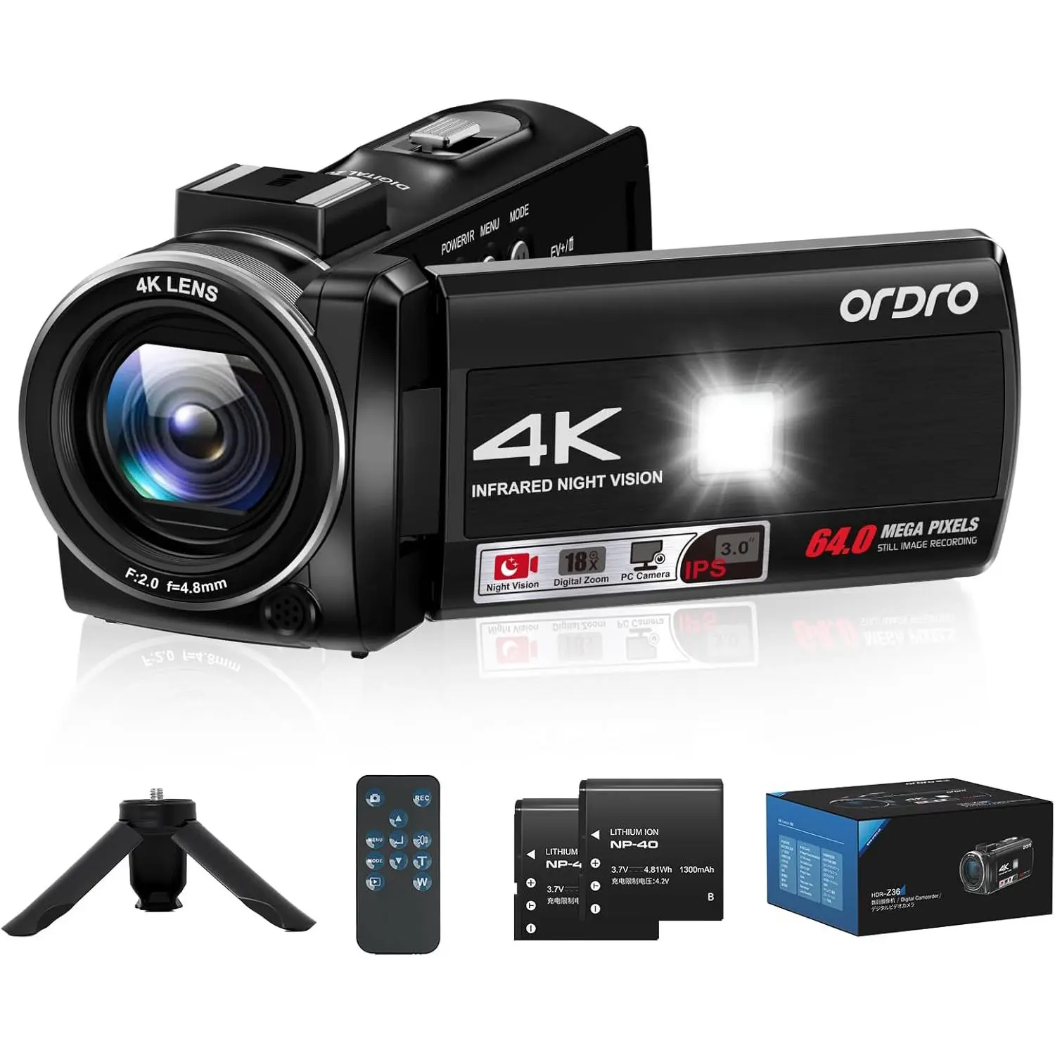 ORDRO Z36 Camcorder 4K, 64MP Vlogging Camera with 18X Digital Zoom