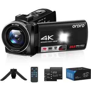 ORDRO Z36 Camcorder 4K, 64MP Vlogging Camera with 18X Digital Zoom, LED Fill light, 3.0 Inch Screen, IR Night Vision, Vlogging Camera for YouTube with Tripod and Two Batteries