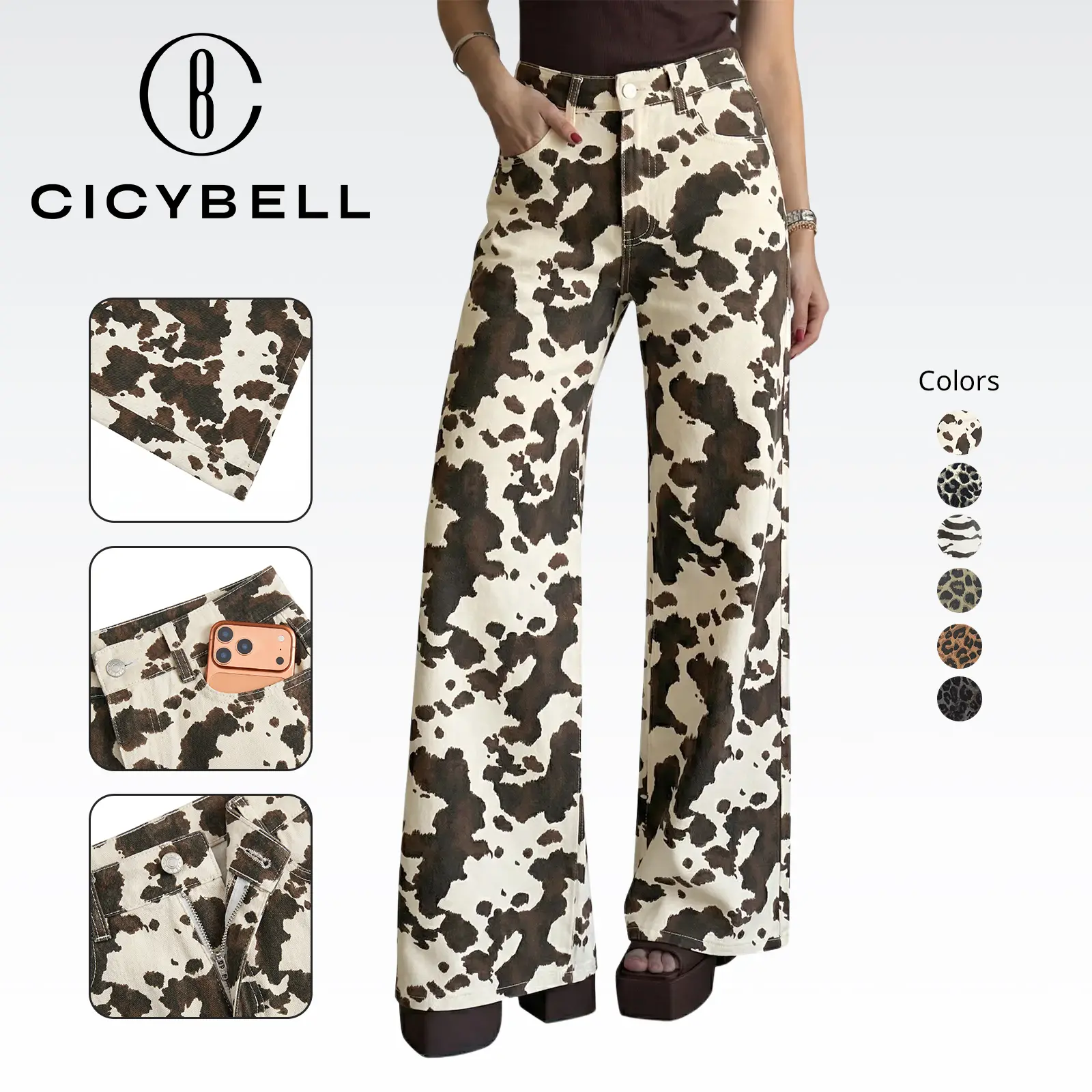 Cicy Bell Womens Wide Leg Jeans High Waisted Leopard Baggy Stretchy Denim Pants with Pockets