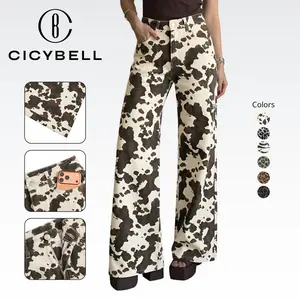 Cicy Bell Womens Wide Leg Jeans High Waisted Leopard Baggy Stretchy Denim Pants with Pockets
