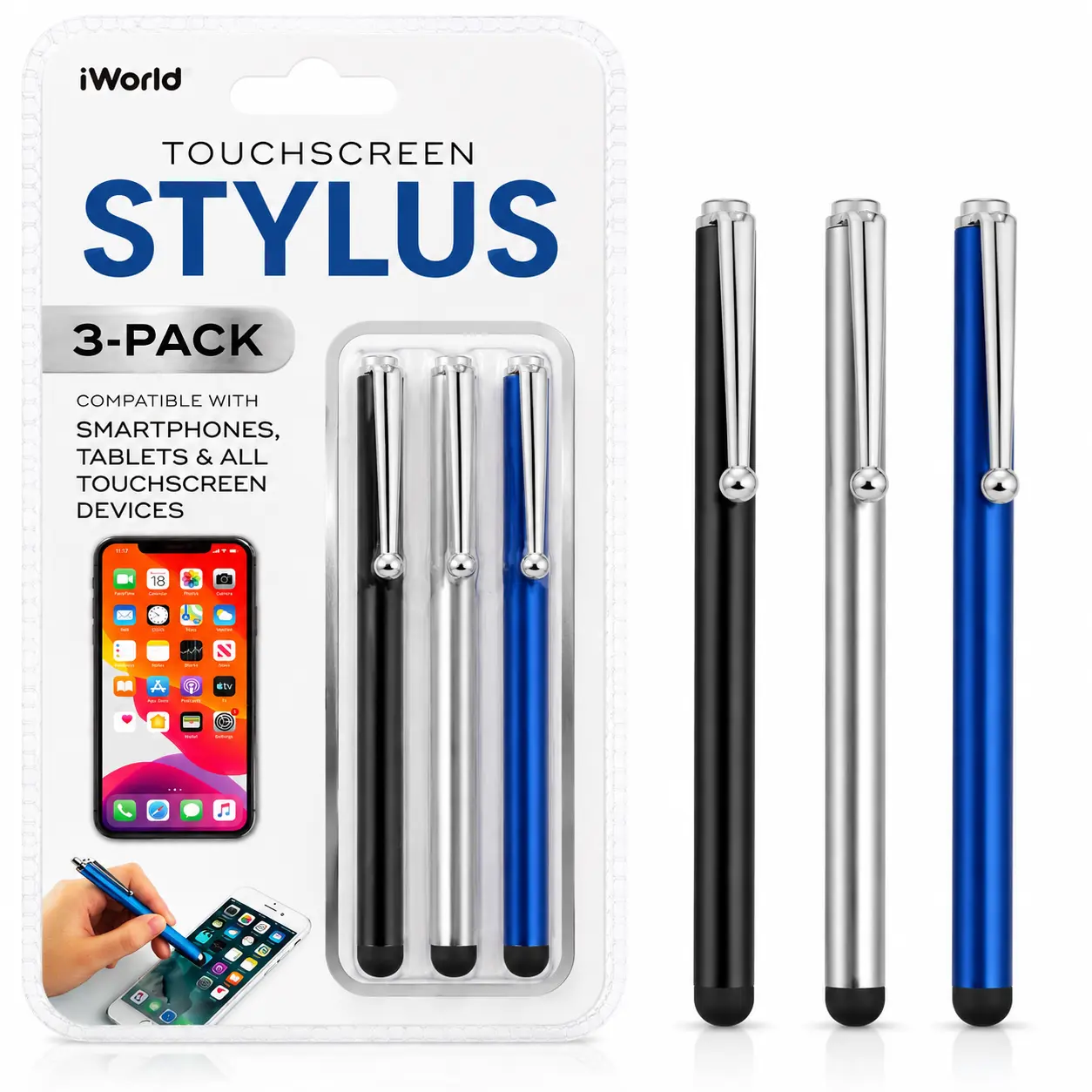 iWorld Touchscreen Stylus 3-Pack - Black, Silver & Blue, Universal Capacitive Stylus Pens