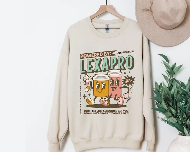 [ Sale Up To 40%] Powered by Lexapro T-SHIRT Or Sweatshirt, Mental Health T-Shirt, Powered by Antidepressants Shirt Dark Humor Sweatshirt, Depression Anxiety Sweatshirt Cotton Fabric Sweatshirt