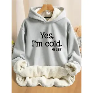 Neutral wool lined hoodie with the words "yes, I'm Cold" printed on it, a casual warm top for autumn and winter, loose and minimalist styleRAIMENTRY