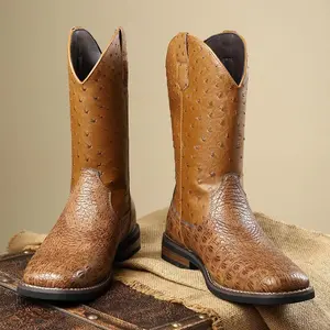 boots men Ostrich Printed PU Upper, Fabric Lining, Rubber Sole, Sneaker Style Closure, Pointed Design Men'S Casual Western Boots - All Season Monochrome Daily Wear Denim Boy Walking Shoes Footwear Closed Comfort Insole Decor Bota Orthotic Onyx