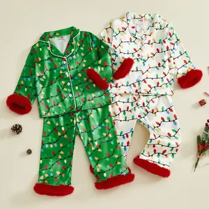 REDWOON Toddler Baby Girl Christmas Fuzzy Pajamas Set Light String Print Button Down Shirt and Pants Holiday Pjs for Kids Loungewear Set