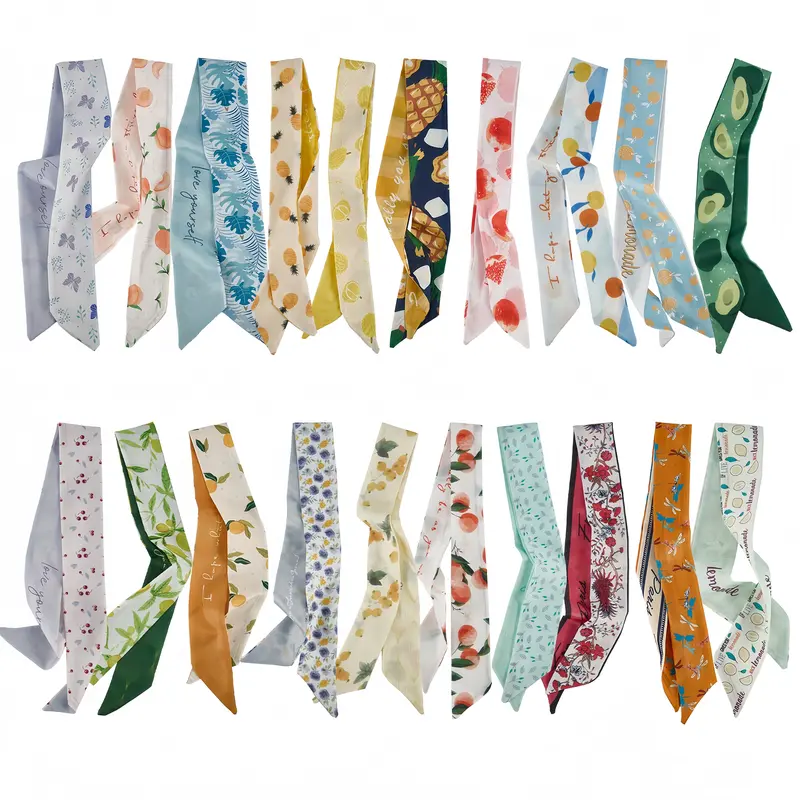 Women's 20-Pack Silk-Smooth Polyester Multicolor Accessories Set - Head Scarf Turbans, Neck Shawl, Scarf Wrap, Bandana Ribbons, Fruit/Plants Prints, Unisex, Wash-Bright Dyes, 35.46x2.12 Inches, 1-Piece Many Looks, Daily Wear/Bag Use