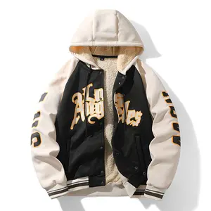 Men's Autumn and Winter Outdoor Casual Warm Fleece Jacket Fashionable Versatile Hooded Windproof Coat Beige Long Sleeve Solid Color Baseball Collar Jacket - Black