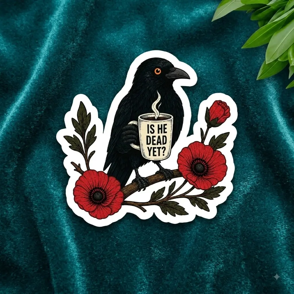 Is He Dead Yet Sticker, Raven Crow Coffee Decal, Gothic Floral Crow Sticker, Anti Trump Protest Gift