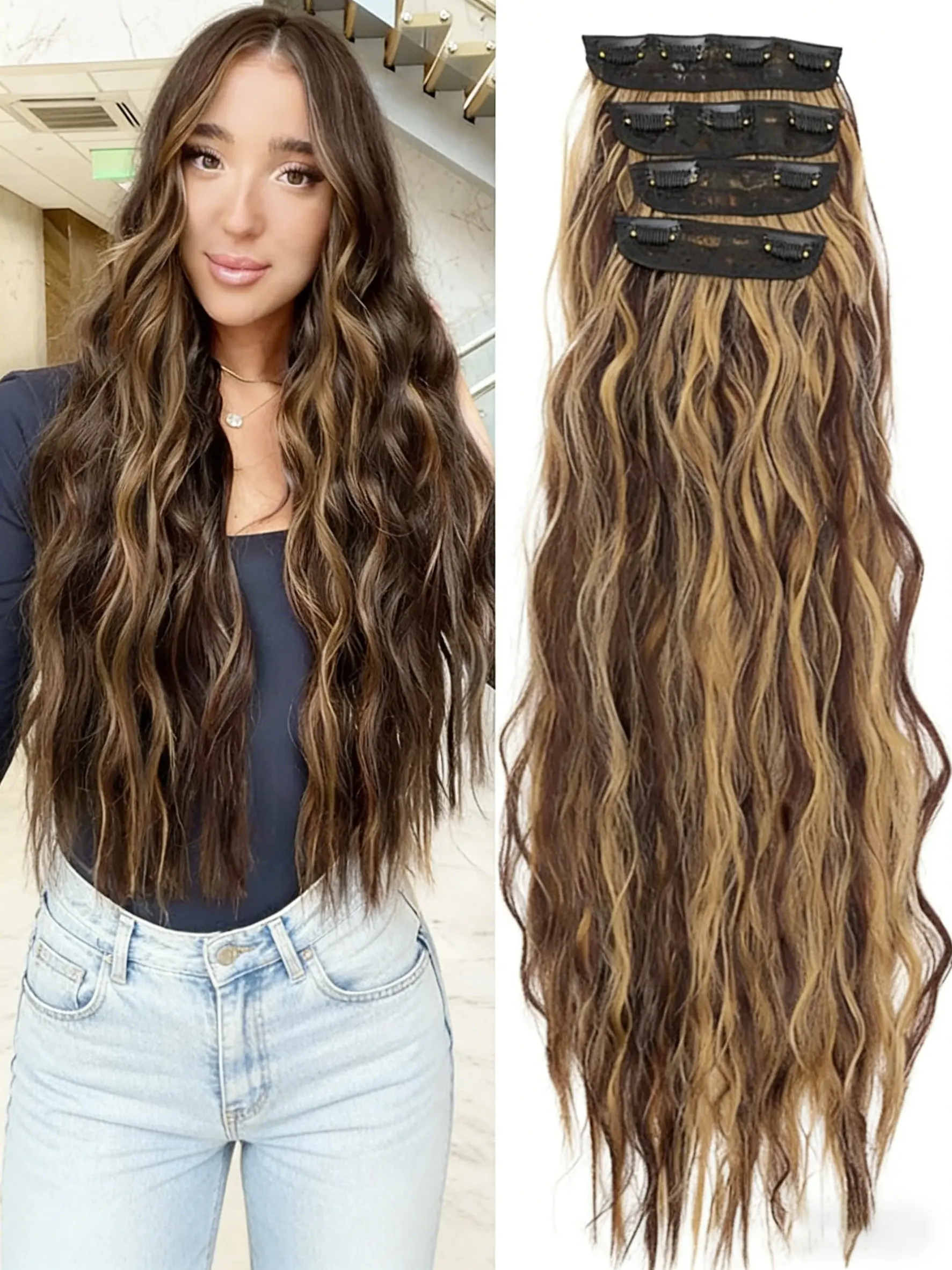 24inch Secure Clip-In Long Wavy Hair Extensions | Invisible Double Weft Synthetic Hairpieces wig | 4/3/2 Clips | Thick Volume for Women | Easy Wear & Remove | Synthetic Hair Wigs