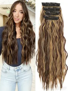 24inch Secure Clip-In Long Wavy Hair Extensions | Invisible Double Weft Synthetic Hairpieces wig | 4/3/2 Clips | Thick Volume for Women | Easy Wear & Remove | Synthetic Hair Wigs