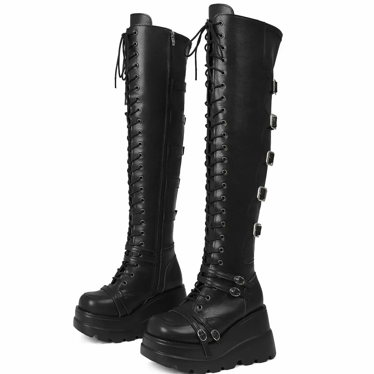 EROCALLI Women's Overknee Boots Thigh High Boots High Platform Ladies High Over The Knee Boots   Women's Platform Boots Winter Black Gothic Punk Lace-Up Boots Zip Knee High Boots Long Boots with Block Heel Long Shaft Boots