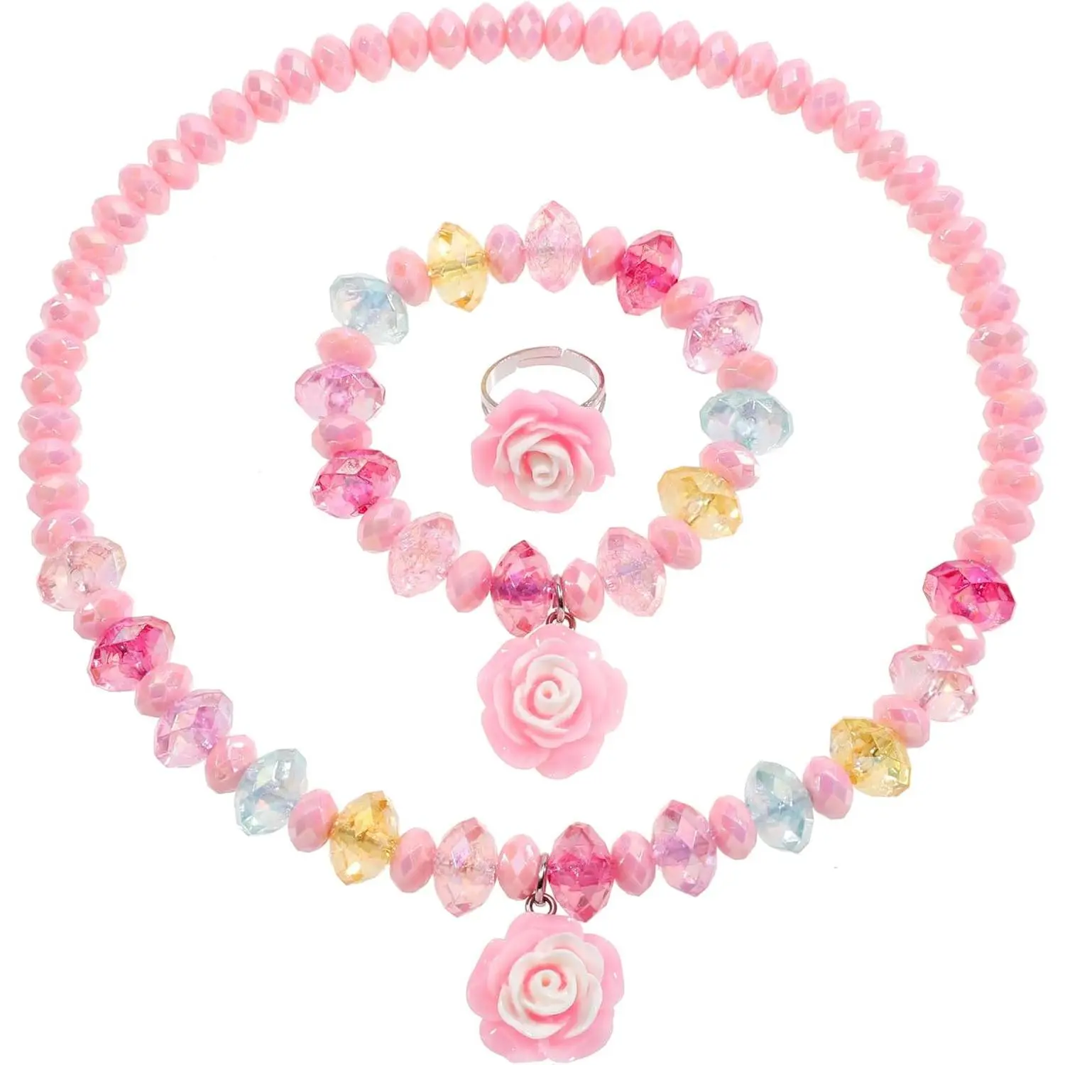 L-JLY005 Gilrs Flower Unicorn Stretch Necklace Little Girl Toddler Necklace Bracelet Set, Little Princess Rainbow Mremaid Jewelry Set adults and  Kids Play Necklaces Bracelet Rings for Girls Accessories Favors