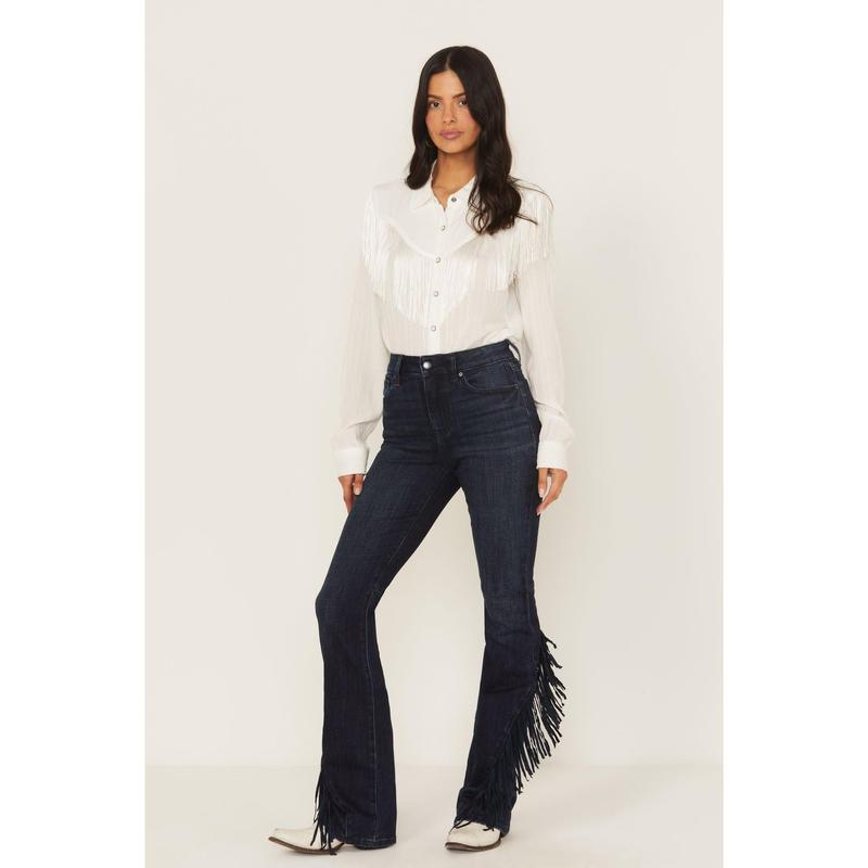 Allessio Dark Wash High Rise Fringe Bootcut Super Stretch Denim Jeans