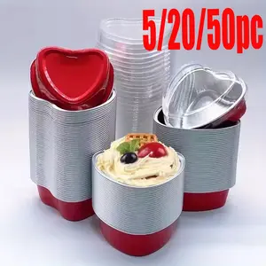 5/20/50pc heart-shaped aluminum foil cake cup, Bakeware, with a lid for hygiene when refrigerated, heat-resistant mold, suitable for ovens, air fryers, steamers, etc. It is also suitable for Valentine's Day, weddings, Mother's Day, birthdays